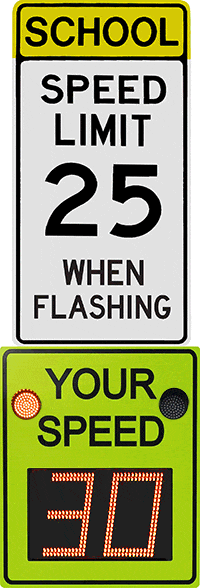 flashing Hyper-Alert LED clusters in face of a radar speed sign