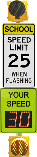 school zone speed sign with traditional beacons